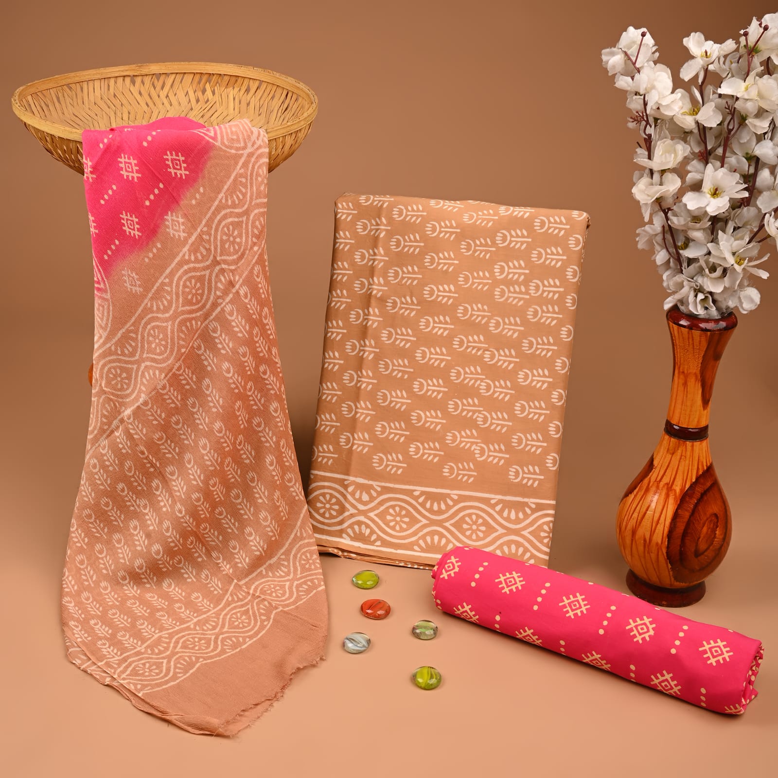 mustard pink butti handblock printed cotton dress material with chiffon dupatta wholesale India cotton fabric sourcing Fabtexs